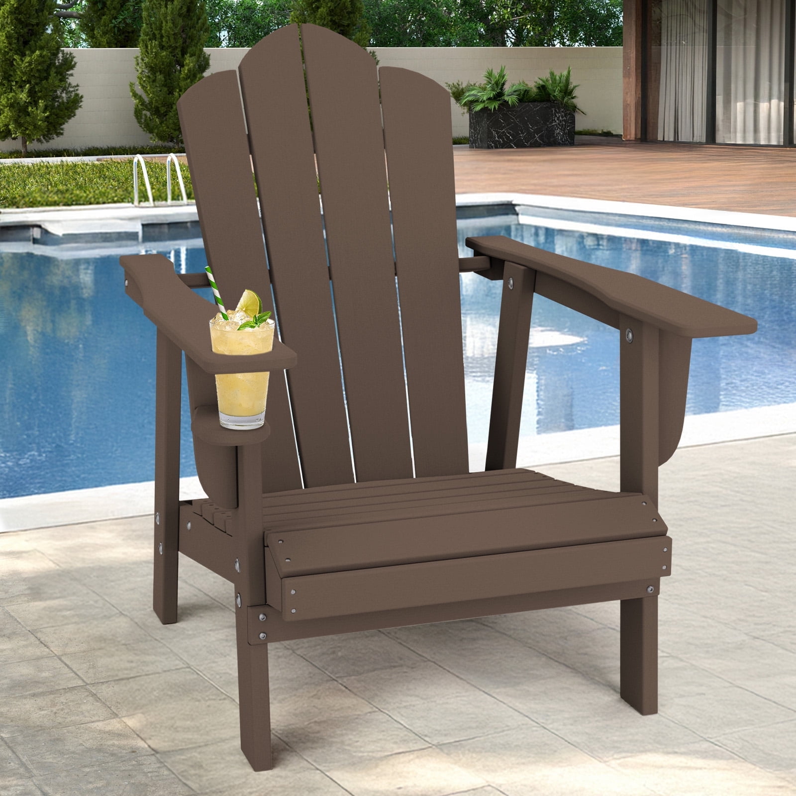Tappio HDPE Adirondack Chair, Patio Seat All Weather Outdoor Patio Chair with Cup Holder for Lawn Yard Fire Pit, Brown