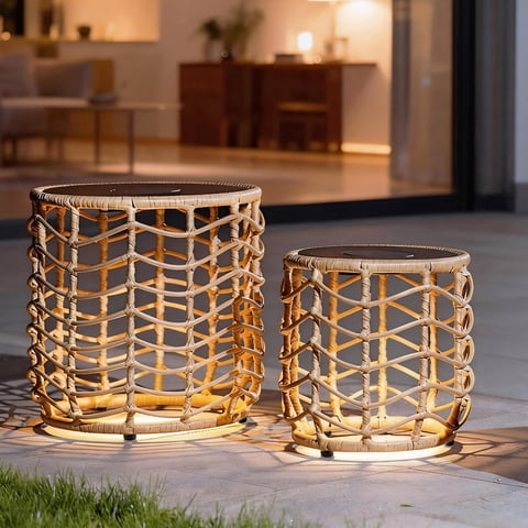 Tappio Solar Nesting Tables with Built-in Light Set of 2, Tempered Glass Top End Table with Coated Steel Frame, All-Weather Wicker Bistro Side Tables for Patio, Porch, Garden, Indoor