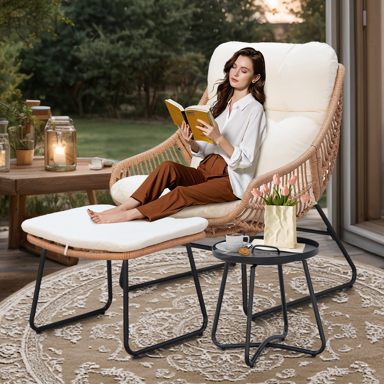 Tappio 3 PCS Wicker Papasan Egg Chair, Outdoor Patio Basket Lounge Chair Indoor Oversized Egg Lounger with Thick Cushion and Table for Living Room Bedroom Balcony Porch, Beige