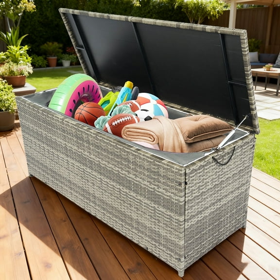 Tappio 113-Gallon Deck Box, Lockable Outdoor PE Rattan Storage Box with Hydraulic Rod and Waterproof Bag, Outdoor Container Deck Bin for for Pool Tools, Outdoor Equipments and Garden Tools