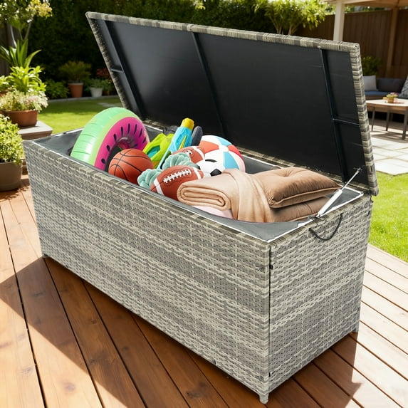 Tappio 113-Gallon Deck Box, Lockable Outdoor PE Rattan Storage Box with Hydraulic Rod and Waterproof Bag, Outdoor Container Deck Bin for for Pool Tools, Outdoor Equipments and Garden Tools