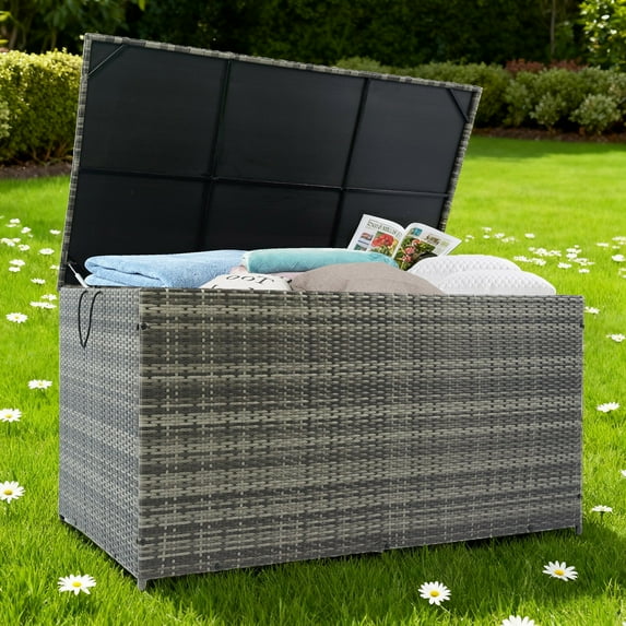 Tappio 200-Gallon Deck Box, Lockable Outdoor PE Rattan Storage Box with Hydraulic Rod and Waterproof Bag, Outdoor Container Deck Bin for for Pool Tools, Outdoor Equipments and Garden Tools