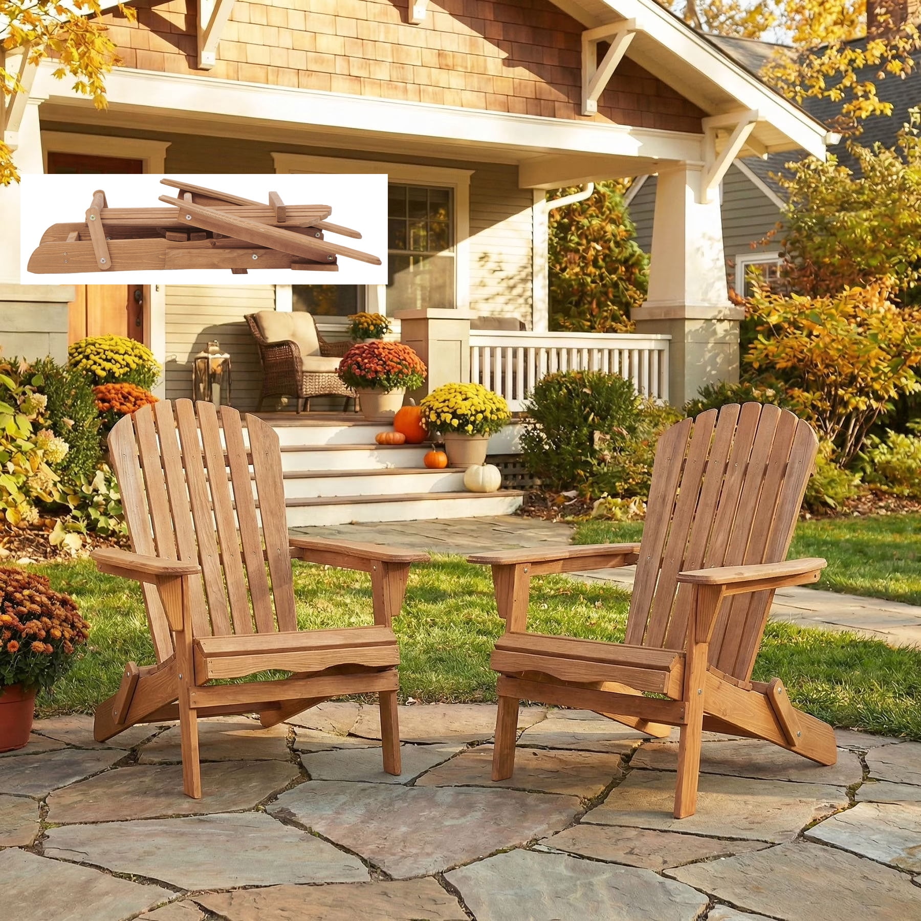 Tappio Folding Adirondack Chair Set of 2, All Weather Adirondack Chairs with Large Deep Seat for Outdoor Indoor, Pre-assembled, Brown