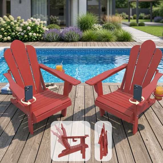 Tappio Folding Adirondack Chair Set of 2, All Weather HDPE Outdoor Patio Chairs with 3- Position Adjustable Backrest, Detachable Multifunctional Holders and Cup Holders, Fire Pit Chairs, Red