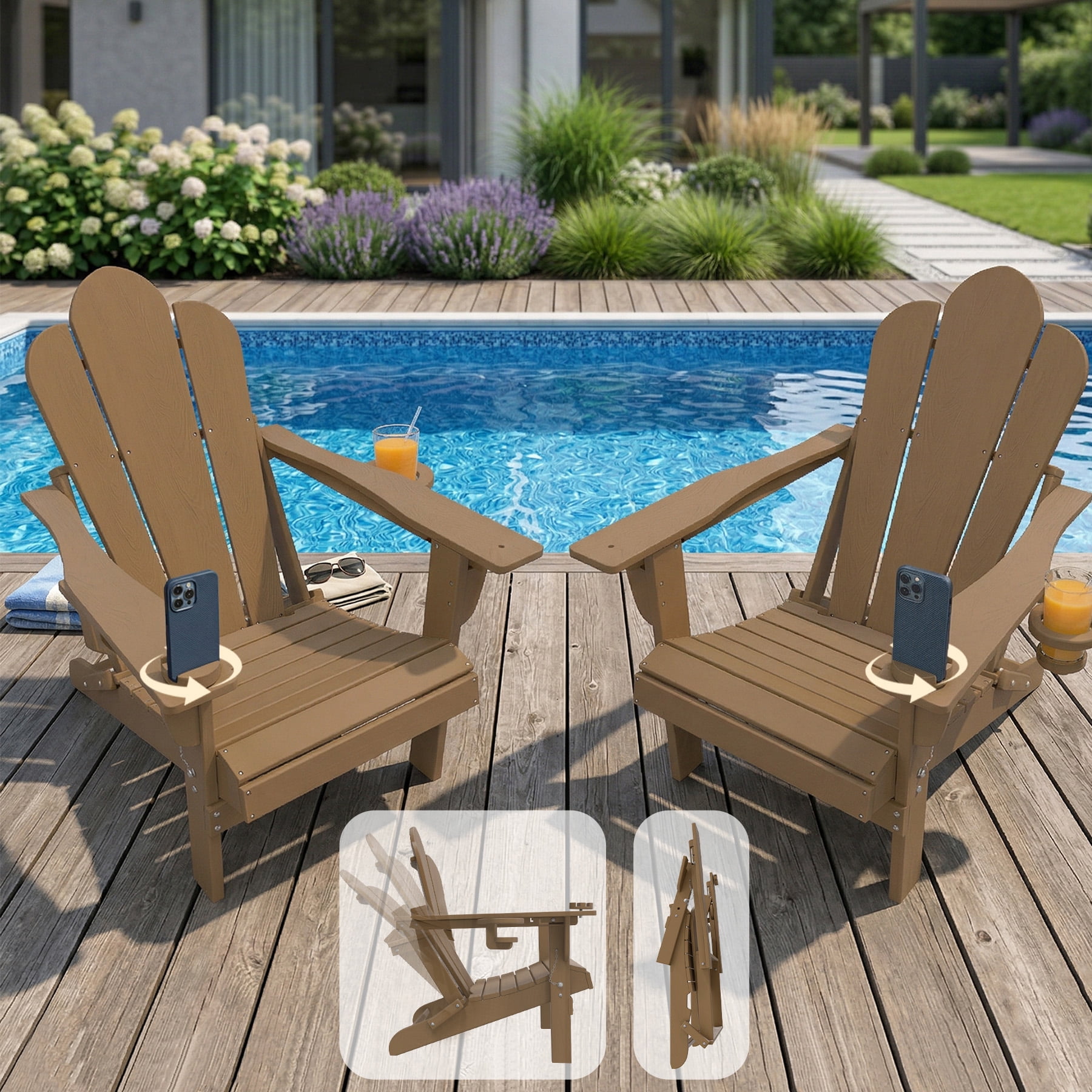 Tappio Folding Adirondack Chair Set of 2, All Weather HDPE Outdoor Patio Chairs with 3- Position Adjustable Backrest, Detachable Multifunctional Holders and Cup Holders, Fire Pit Chairs, Brown