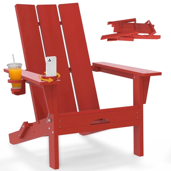 Tappio Folding Adirondack Chair All Weather HDPE Outdoor Patio Chairs with Detachable Multifunctional Holders and Cup Holders, Fire Pit Chairs for Yard Garden Poolside, Red