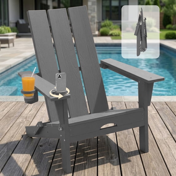 Tappio Folding Adirondack Chair All Weather HDPE Outdoor Patio Chairs with Detachable Multifunctional Holders and Cup Holders, Fire Pit Chairs for Yard Garden Poolside, Gray