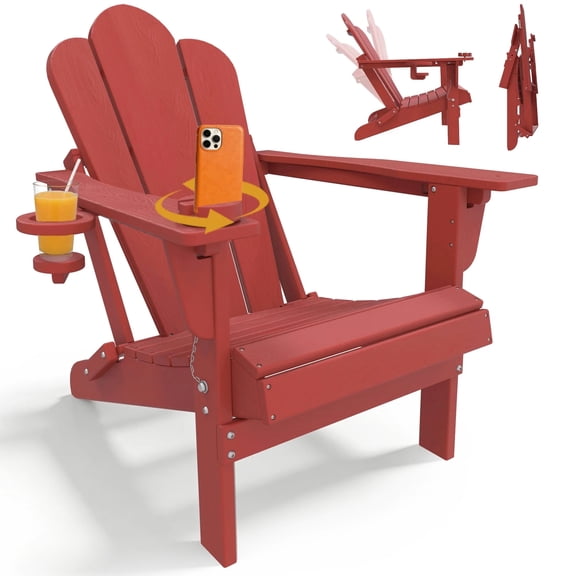 Tappio Folding Adirondack Chair All Weather HDPE Outdoor Patio Chairs with 3- Position Adjustable Backrest, Detachable Multifunctional Holders and Cup Holders, Fire Pit Chairs, Red