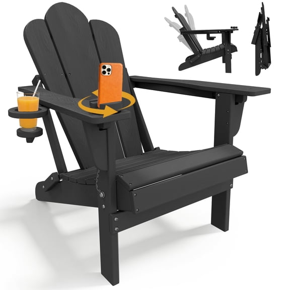 Tappio Folding Adirondack Chair All Weather HDPE Outdoor Patio Chairs with 3- Position Adjustable Backrest, Detachable Multifunctional Holders and Cup Holders, Fire Pit Chairs, Black