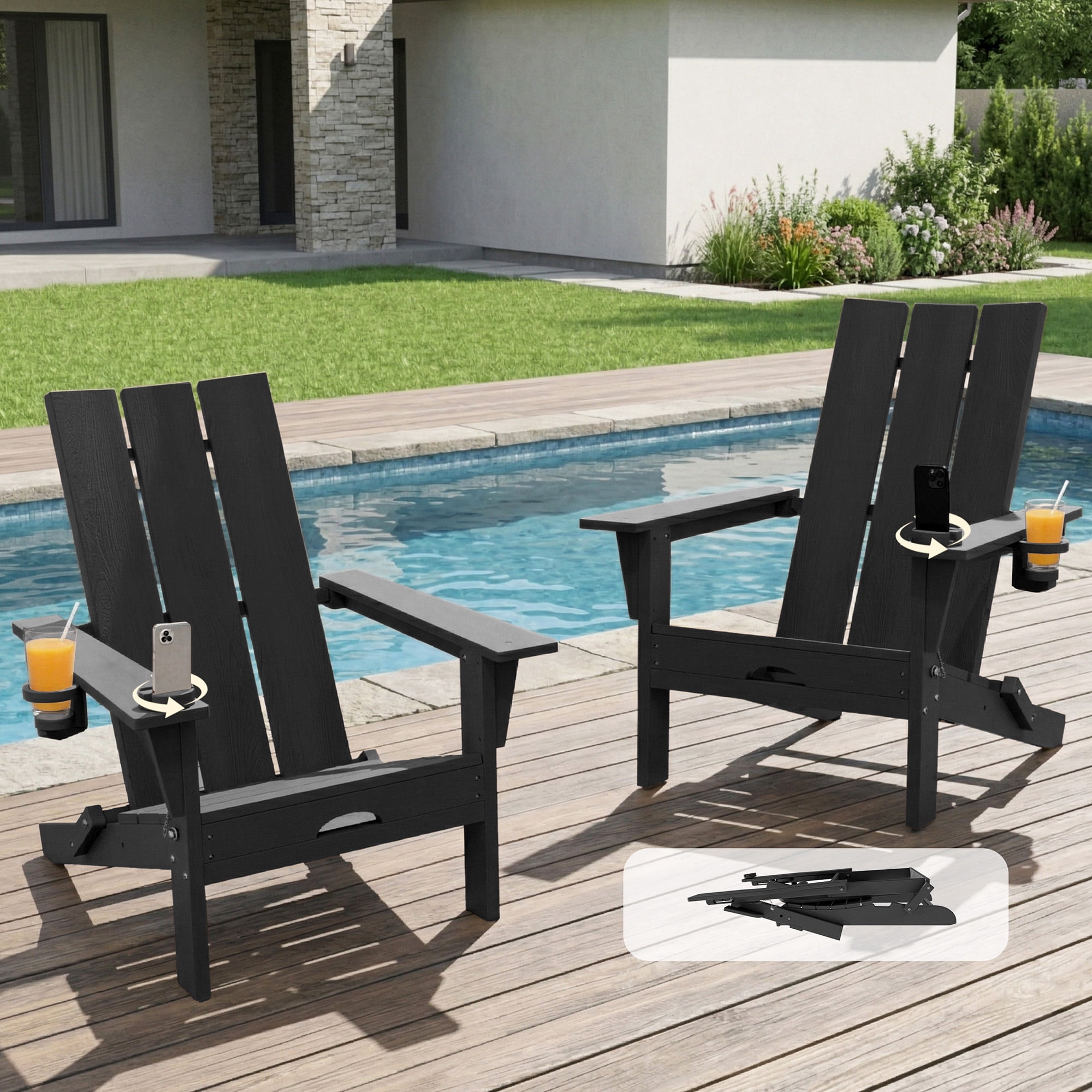 Tappio Folding Adirondack Chair Set of 2, All Weather HDPE Outdoor Patio Chairs with Detachable Multifunctional Holders and Cup Holders, Fire Pit Chairs for Yard Garden Poolside, Black