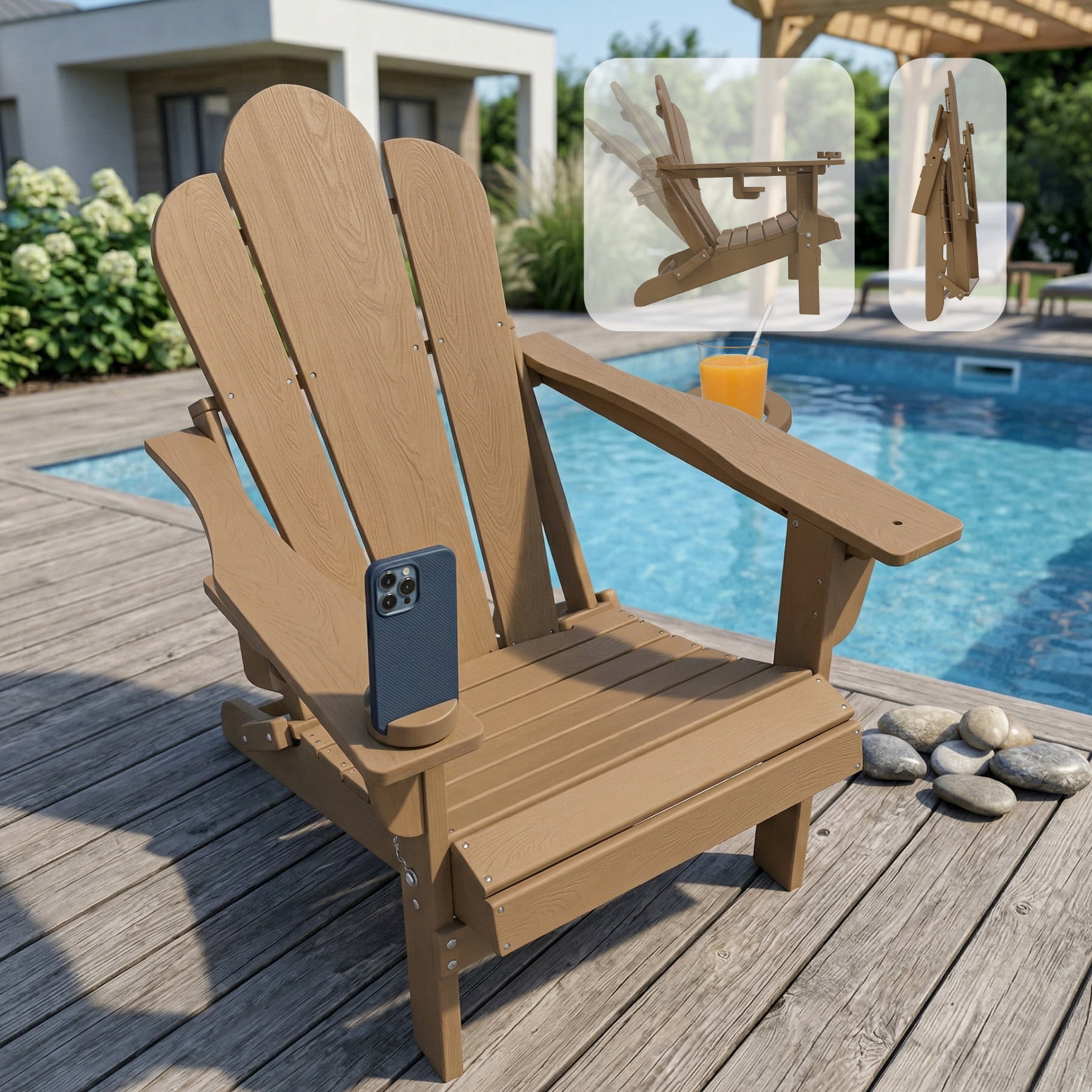 Tappio Folding Adirondack Chair All Weather HDPE Outdoor Patio Chairs with 3- Position Adjustable Backrest, Detachable Multifunctional Holders and Cup Holders, Fire Pit Chairs, Brown