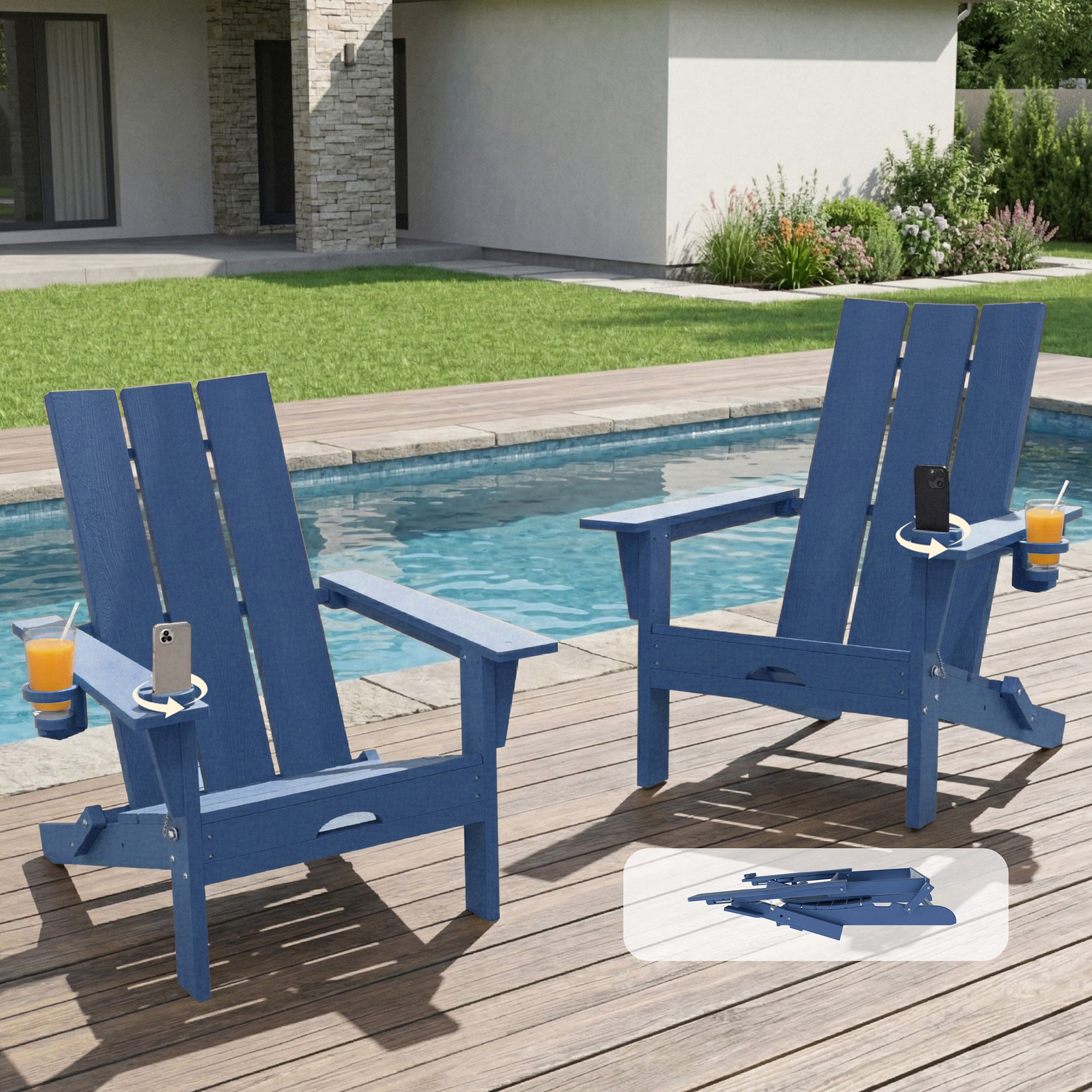 Tappio Folding Adirondack Chair Set of 2, All Weather HDPE Outdoor Patio Chairs with Detachable Multifunctional Holders and Cup Holders, Fire Pit Chairs for Yard Garden Poolside, Blue