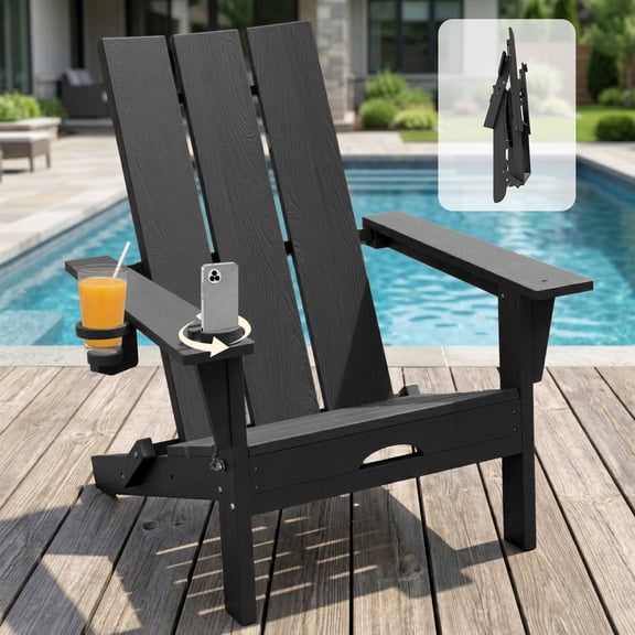 Tappio Folding Adirondack Chair All Weather HDPE Outdoor Patio Chairs with Detachable Multifunctional Holders and Cup Holders, Fire Pit Chairs for Yard Garden Poolside, Black
