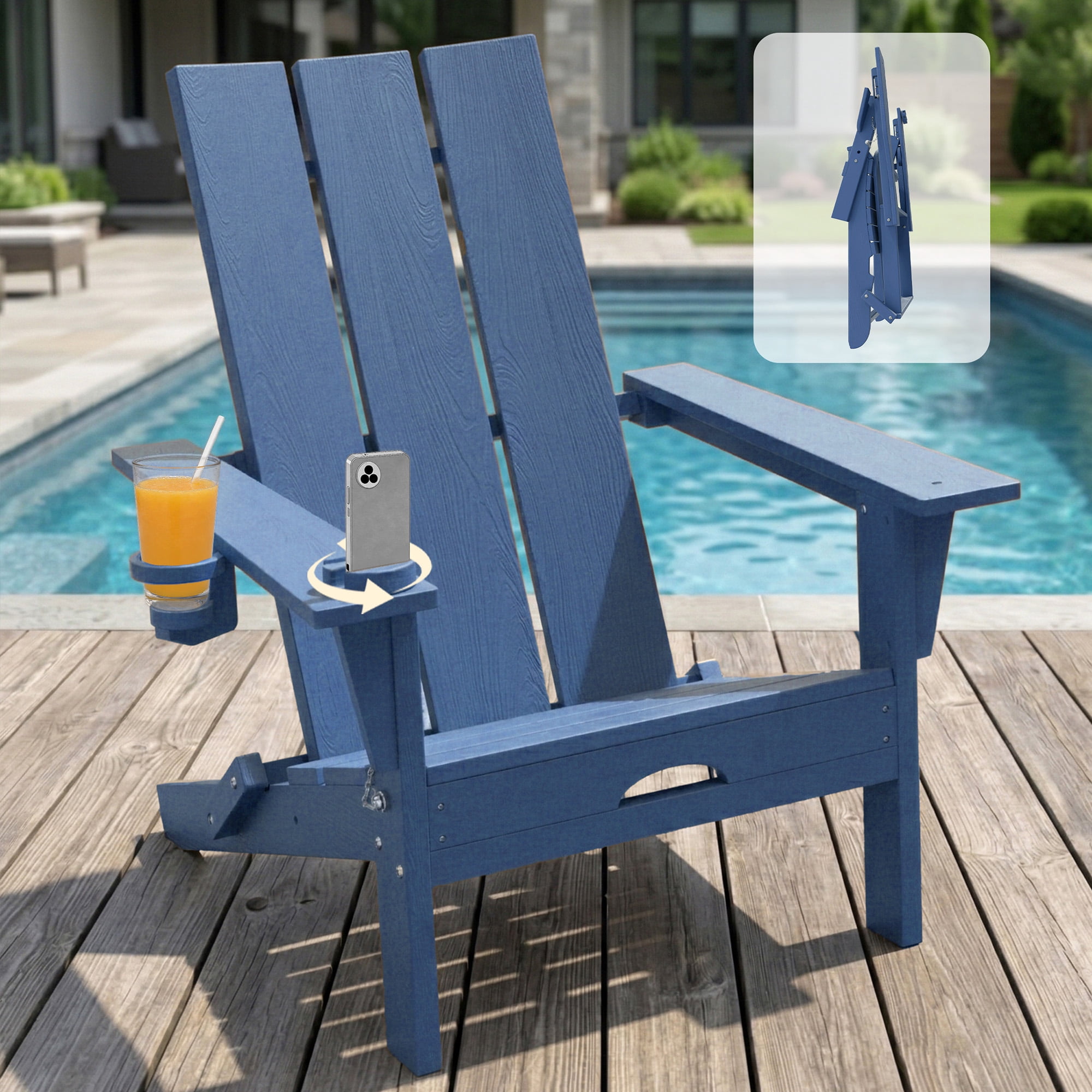 Tappio Folding Adirondack Chair All Weather HDPE Outdoor Patio Chairs with Detachable Multifunctional Holders and Cup Holders, Fire Pit Chairs for Yard Garden Poolside, Blue