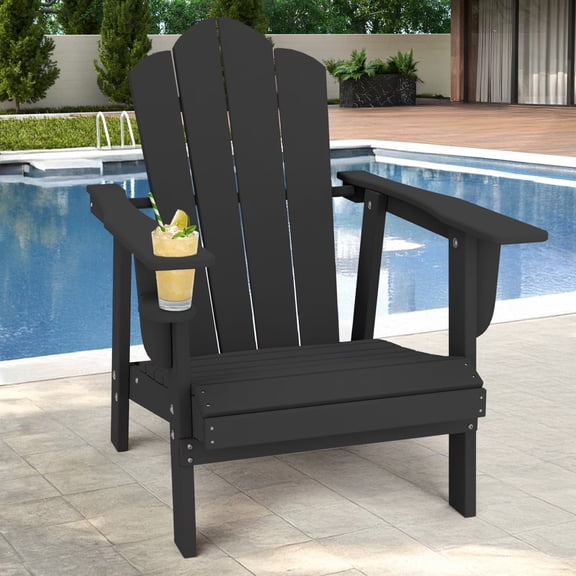 Tappio HDPE Adirondack Chair, Patio Seat All Weather Outdoor Patio Chair with Cup Holder for Lawn Yard Fire Pit, Black