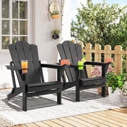 Tappio Folding HDPE Adirondack Chair Set of 2, Patio Seat All Weather Outdoor Patio Chair with Cup Holder and Multifunctional Holder for Lawn Yard Fire Pit, Black