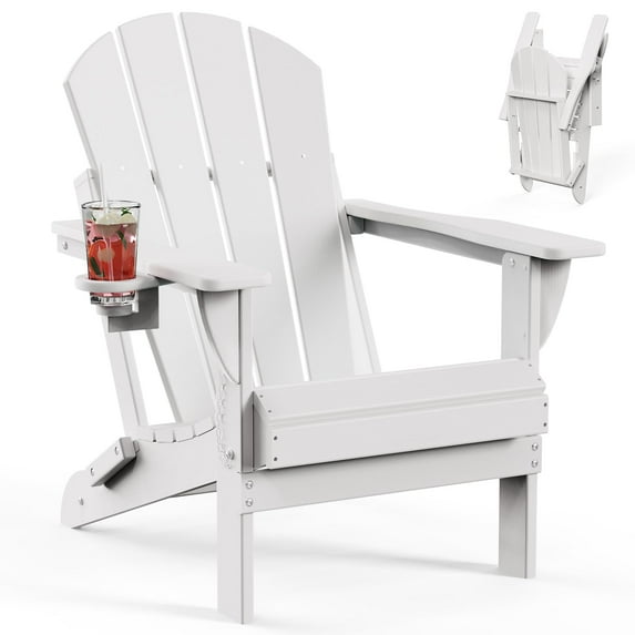 Tappio Foldable HDPE Adirondack Chair, Patio Seat All Weather Outdoor Patio Chair with Cup Holder for Lawn Yard Fire Pit, Wooden Textured, White