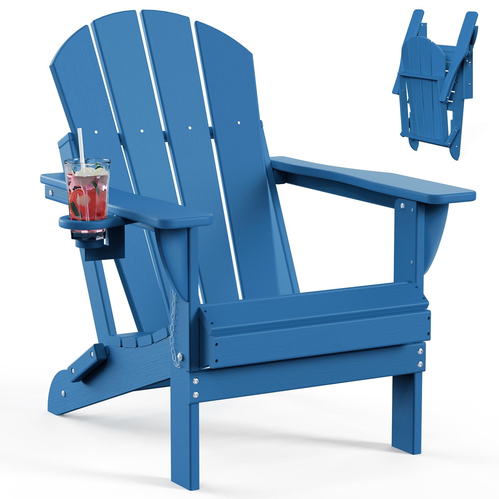Tappio Foldable HDPE Adirondack Chair, Patio Seat All Weather Outdoor Patio Chair with Cup Holder for Lawn Yard Fire Pit, Wooden Textured, Blue