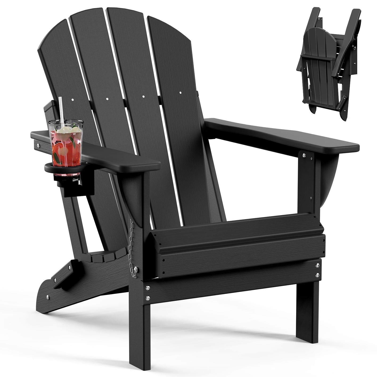 Tappio Foldable HDPE Adirondack Chair, Patio Seat All Weather Outdoor Patio Chair with Cup Holder for Lawn Yard Fire Pit, Wooden Textured, Black