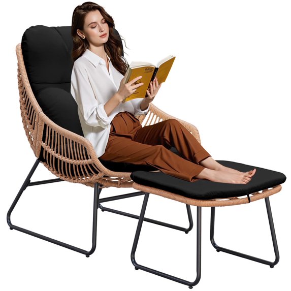 Tappio Chaise Lounge Chair Outoodr Indoor Wicker Egg Chair with Ottoman, Oversized Stationary Patio Lounge Chair Rattan Lazy Recliner with Thicken Cushions and Footrest, 330 lb Capacity, Black