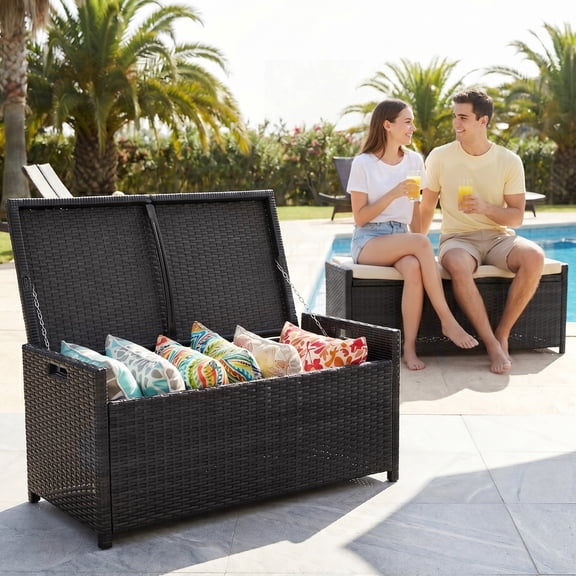 Tappio Multifunctional Outdoor Deck Box, All-Weather PE Rattan Storage Bench Box with Cushions and Waterproof Bag, Storage Box Deck Bin for for Pool Tools, Outdoor Equipments and Garden Tools, Black