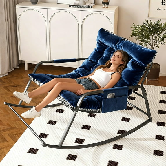 Tappio Multifunctional Rocking Chair Nursery Chaise Lounge Chair, Glider Rocker with Side Pocket and Removable Cushion, Modern Accent Armchair with Footrest for Outdoor and Indoor, bLUE