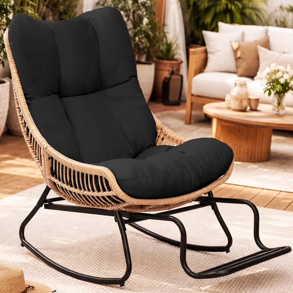 Tappio Rocking Papasan Chair with Adjustable Footrest, Outdoor Egg Rocking Chair with Thick Cushion and Steel Frame, Oversized Papasan Lounge Rocker for Garden, Porch, Living Room, Black
