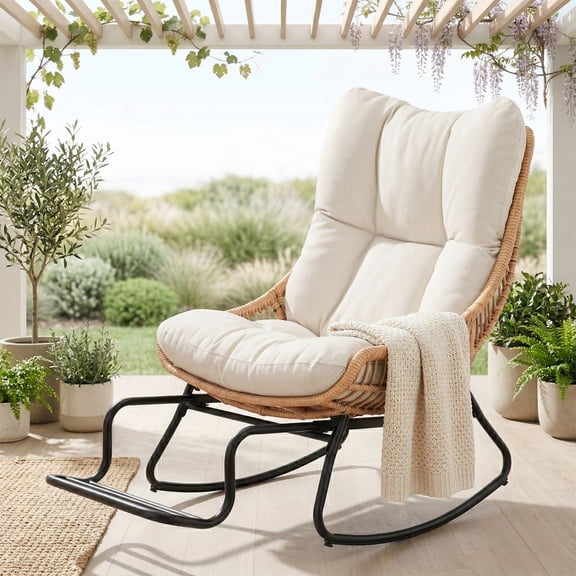 Tappio Rocking Papasan Chair with Adjustable Footrest, Outdoor Egg Rocking Chair with Thick Cushion and Steel Frame, Oversized Papasan Lounge Rocker for Garden, Porch, Living Room, Beige