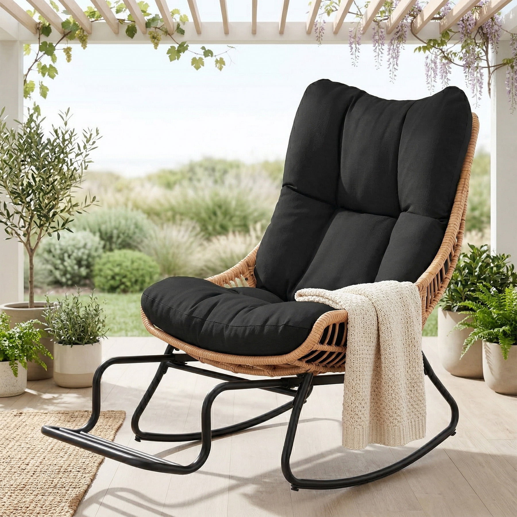Tappio Rocking Papasan Chair with Adjustable Footrest, Outdoor Egg Rocking Chair with Thick Cushion and Steel Frame, Oversized Papasan Lounge Rocker for Garden, Porch, Living Room, Black