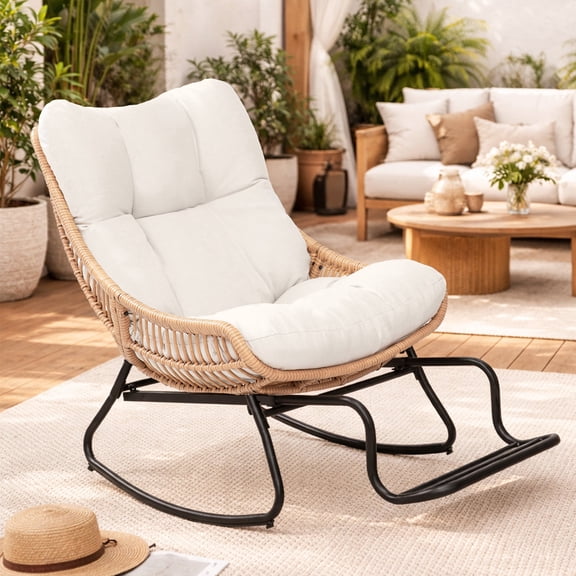 Tappio Wicker Rocking Chair with Adjustable Footrest, Outdoor Patio Egg Rocking Chair with Thick Cushion, Indoor Papasan Reading Lounge Recliner for Garden, Porch, Living Room, Beige