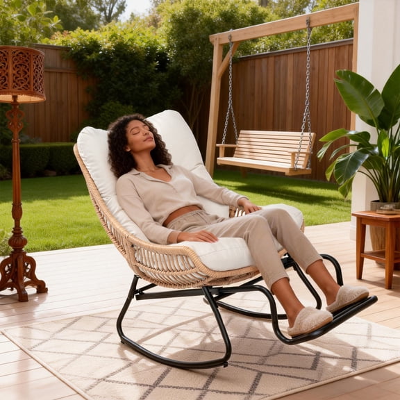 Tappio Wicker Rocking Chair with Adjustable Footrest, Outdoor Patio Egg Rocking Chair with Thick Cushion, Indoor Papasan Reading Lounge Recliner for Garden, Porch, Living Room, Beige