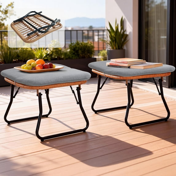 Tappio Foldable Ottoman Stools Set of 2, All Weather Wicker Footstool with Cushion and Non-Slip Pads, Outdoor Seating Footrest for Bedroom, Living Room, Porch, Balcon, Gray