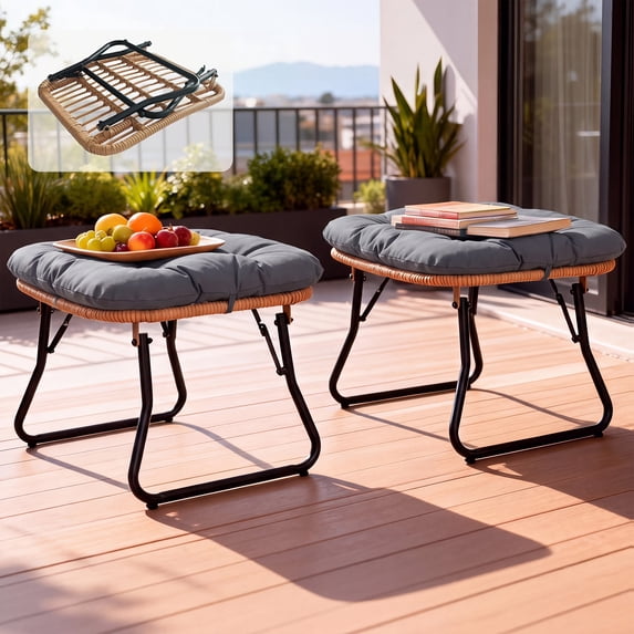 Tappio Foldable Ottoman Stools Set of 2, All Weather Wicker Footstool with Cushion and Non-Slip Pads, Outdoor Seating Footrest for Bedroom, Living Room, Porch, Balcon, Gray