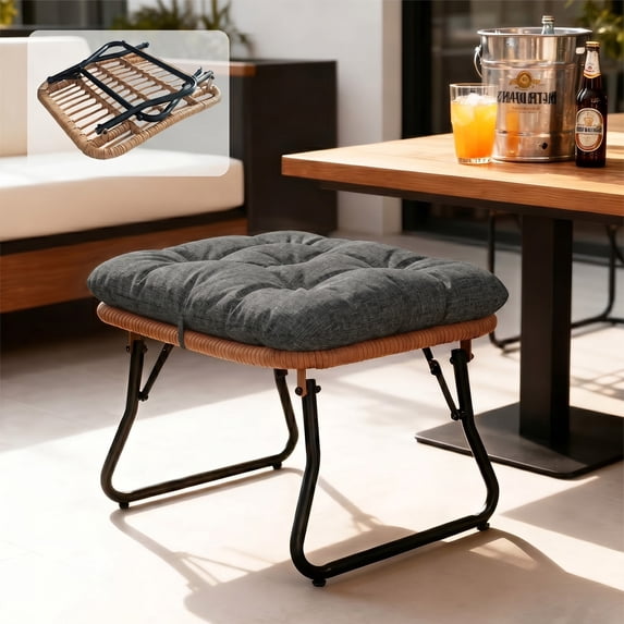 Tappio Foldable Ottoman Stool, All Weather Wicker Footstool with Cushion and Non-Slip Pads, Outdoor Seating Footrest for Bedroom, Living Room, Porch, Balcony, Gray