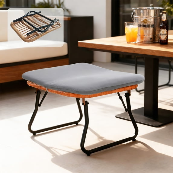 Tappio Foldable Ottoman Stool, All Weather Wicker Footstool with Cushion and Non-Slip Pads, Outdoor Seating Footrest for Bedroom, Living Room, Porch, Balcony, Gray