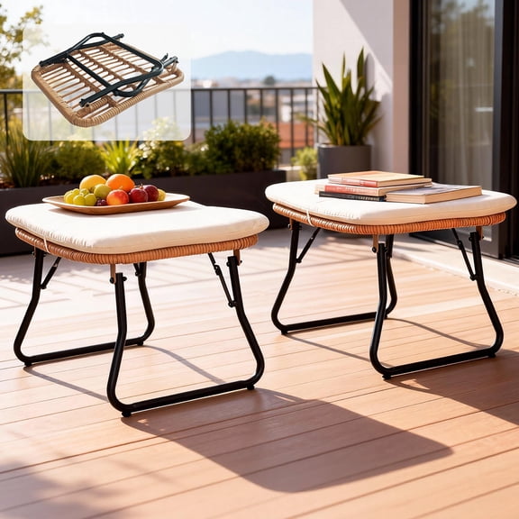 Tappio Foldable Ottoman Stools Set of 2, All Weather Wicker Footstool with Cushion and Non-Slip Pads, Outdoor Seating Footrest for Bedroom, Living Room, Porch, Balcony, Beige