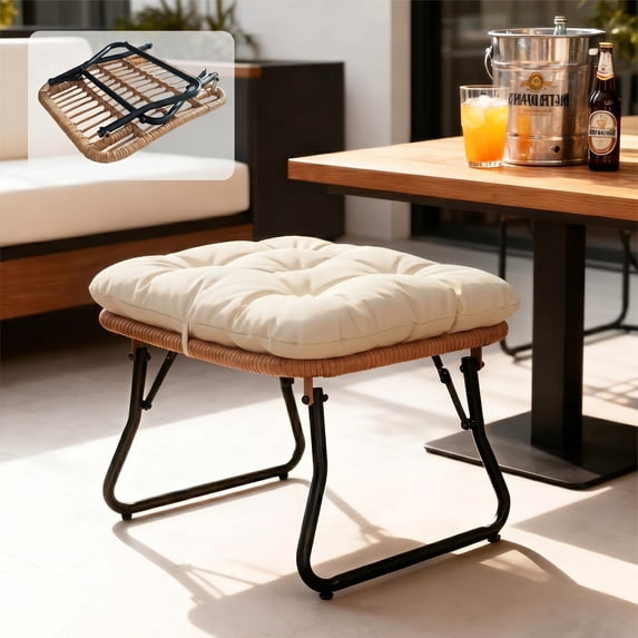 Tappio Foldable Ottoman Stool, All Weather Wicker Footstool with Cushion and Non-Slip Pads, Outdoor Seating Footrest for Bedroom, Living Room, Porch, Balcony, Beige