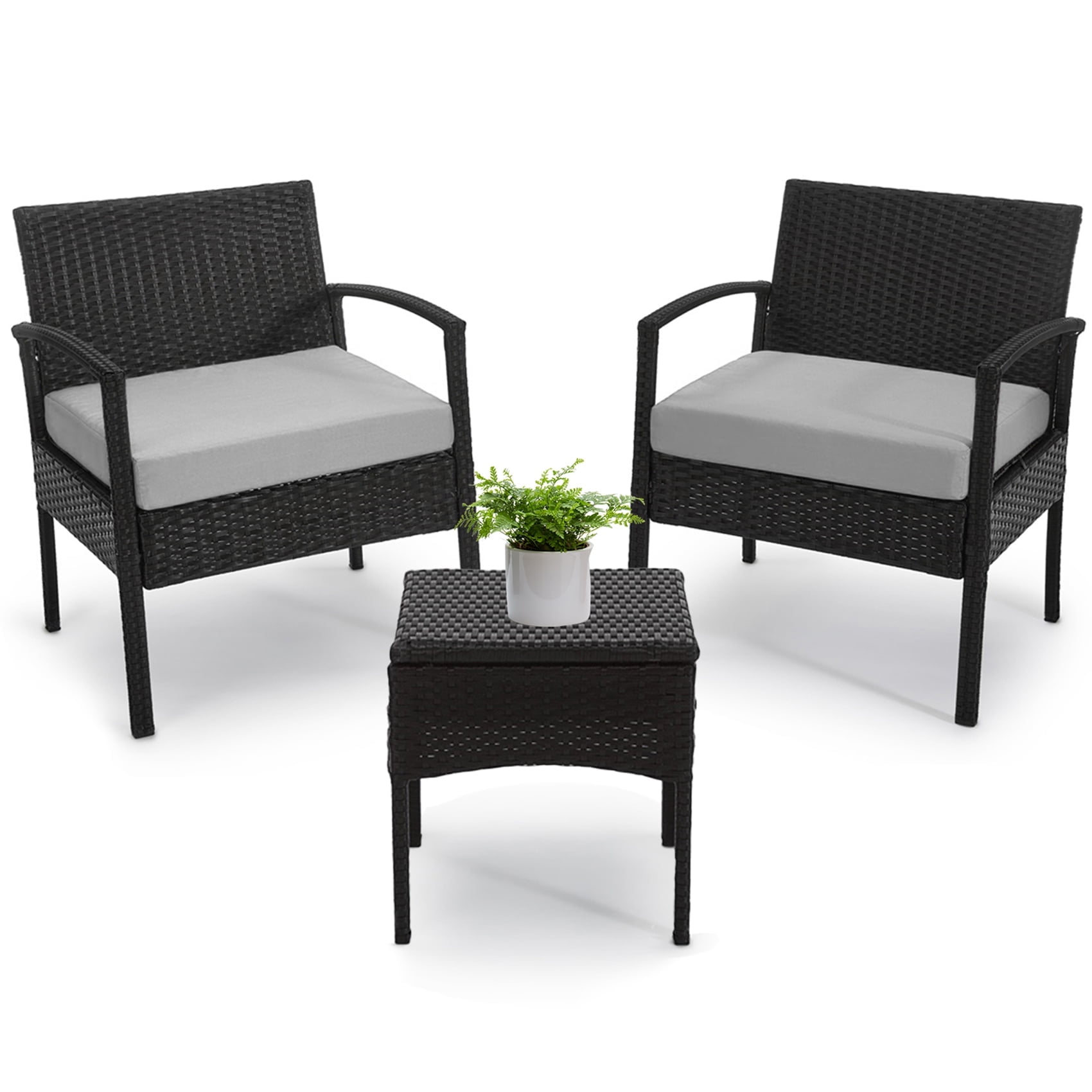 Tappio Outdoor Furniture 3 PCS Patio Wicker Conversation Set, Patio Bistro Sets Outdoor Patio Chairs Furniture Set w/ Table and Gray Cushions