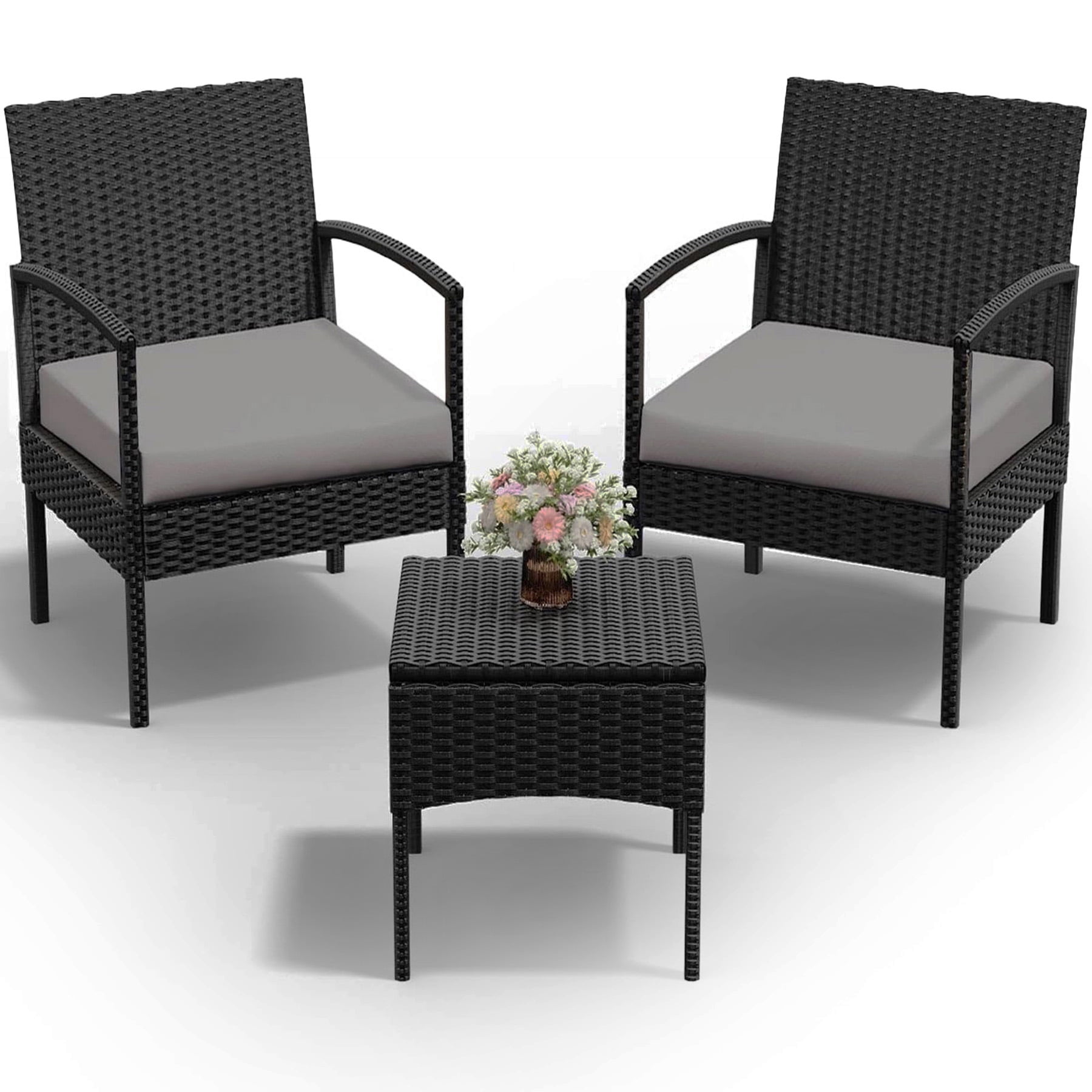 Tappio Outdoor Furniture 3 PCS Patio Wicker Conversation Set, Patio Bistro Sets Outdoor Patio Chairs Furniture Set w/ Table and Gray Cushions