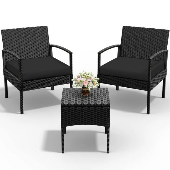 Tappio Outdoor Furniture 3 Piece Patio Bistro Furniture Set, Rattan Conversation Chairs Set with Side Table and Cushions, Patio Furniture Sets for Balcony Garden Porch, Black