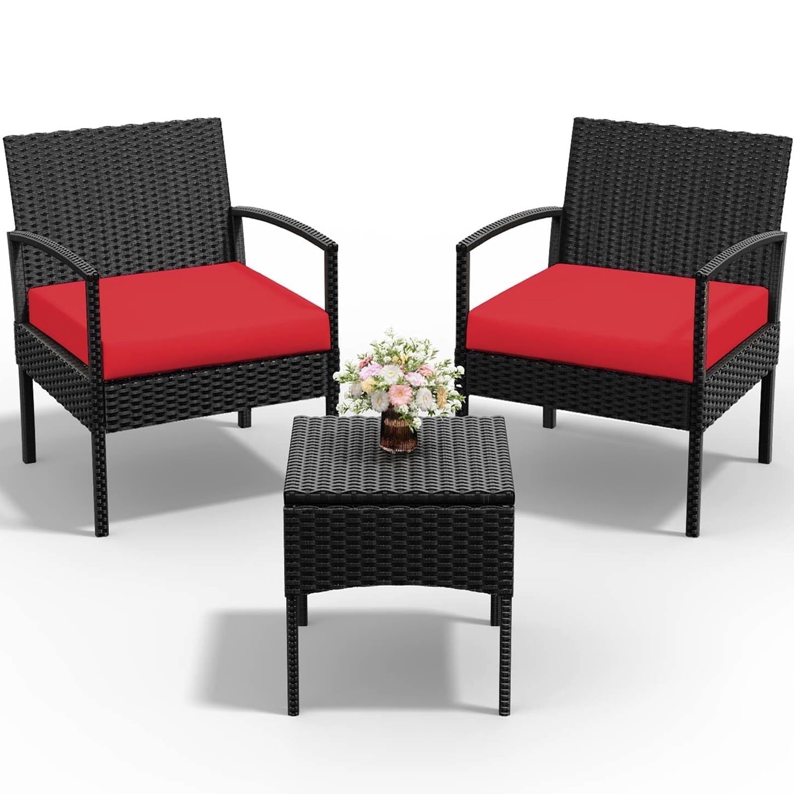 Walmart Black Friday Deals 2025 Tappio Patio Set, Rattan Outdoor Furniture 3 Piece, Chairs with Cushions and Side Table, Red