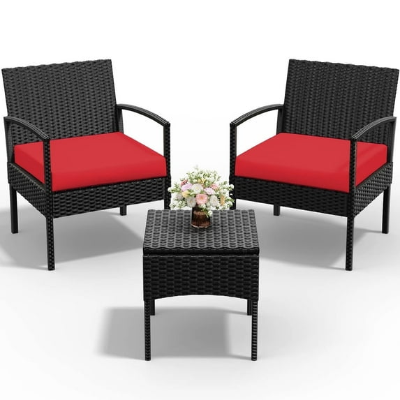 Tappio Outdoor Furniture 3 Piece Patio Bistro Furniture Set, Rattan Conversation Chairs Set with Side Table and Cushions, Patio Furniture Sets for Balcony Garden Porch, Red