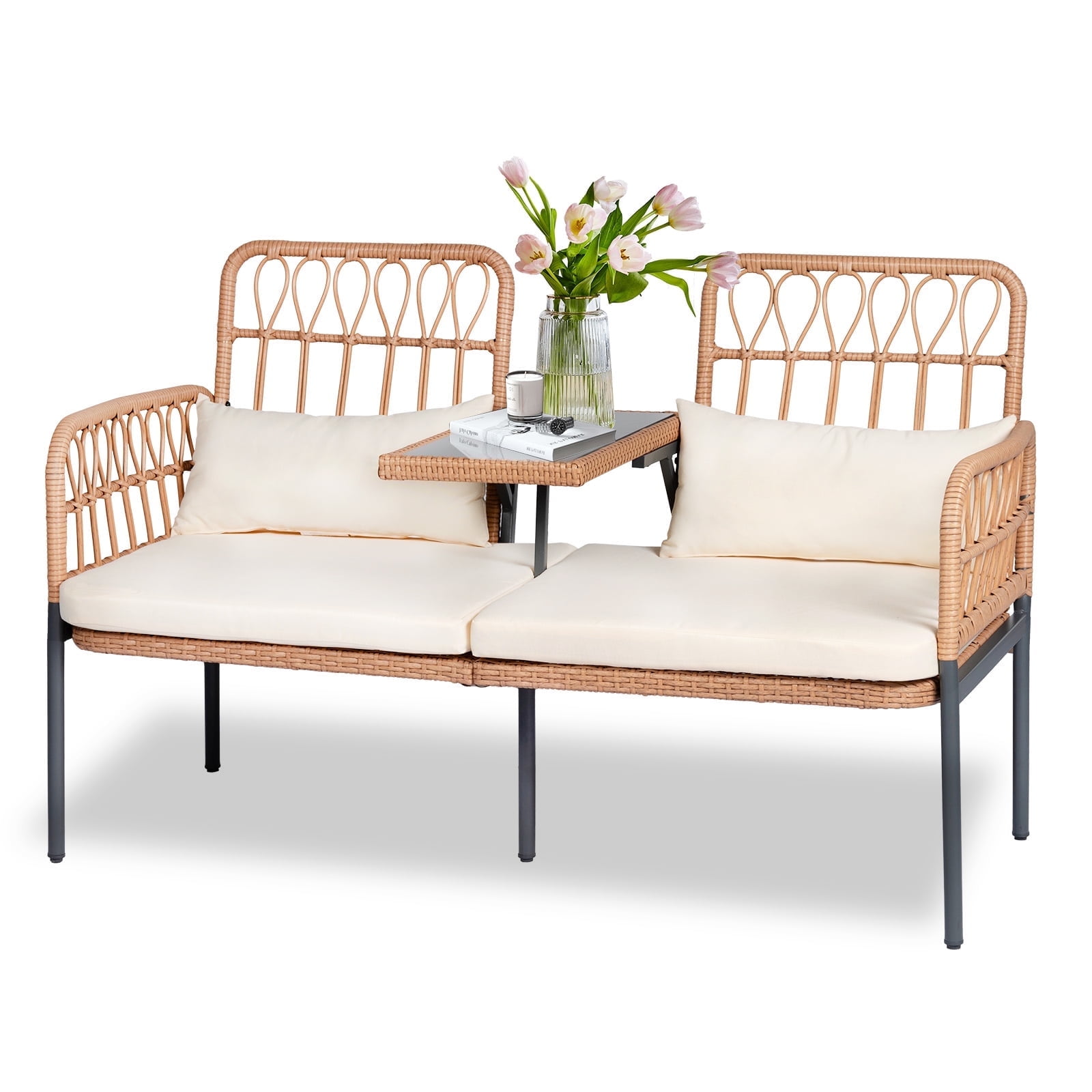 Tappio Outdoor Rattan Loveseat, Patio Rattan Conversation Set Seat Sofa Cushioned Loveseat Table Chairs with Built-in Coffee Table, Beige