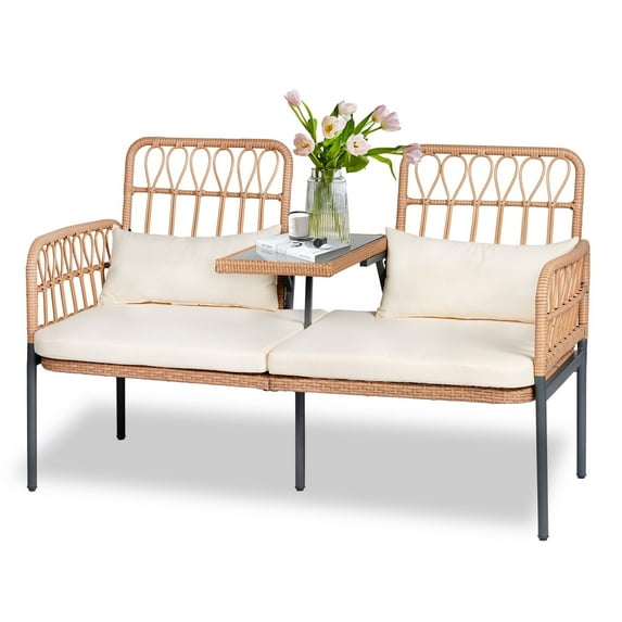 Tappio Outdoor Rattan Loveseat, Patio Rattan Conversation Set Seat Sofa Cushioned Loveseat Table Chairs with Built-in Coffee Table, Beige
