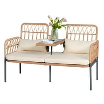 Tappio Outdoor Rattan Loveseat, Patio Rattan Conversation Set Seat Sofa Cushioned Loveseat Table Chairs with Built-in Coffee Table, Beige