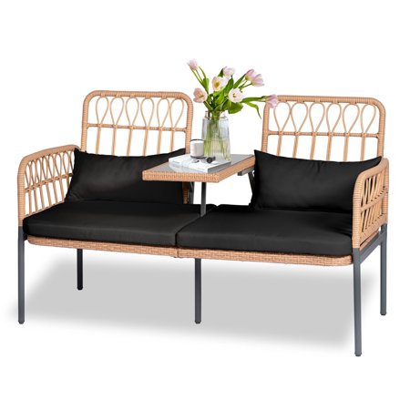 Tappio Outdoor Rattan Loveseat, Patio Rattan Conversation Set Seat Sofa Cushioned Loveseat Table Chairs with Built-in Coffee Table, Black