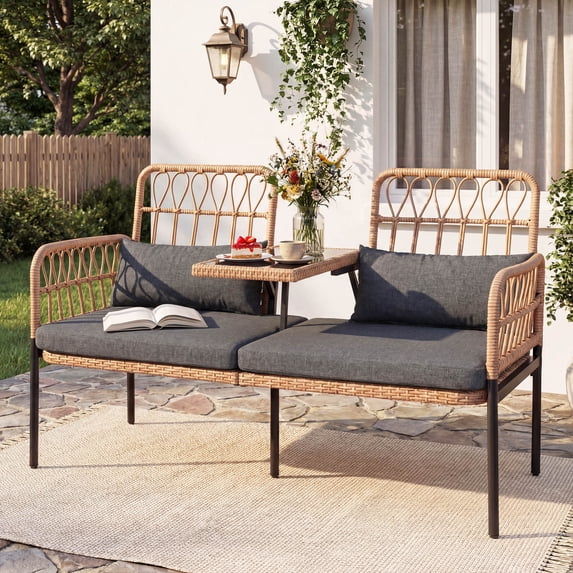 Tappio Outdoor Rattan Loveseat, Patio Rattan Conversation Set Seat Sofa Cushioned Loveseat Table Chairs with Built-in Coffee Table, Gray