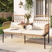 Tappio Outdoor Rattan Loveseat, Patio Rattan Conversation Set Seat Sofa Cushioned Loveseat Table Chairs with Built-in Coffee Table, Beige deal from Walmart