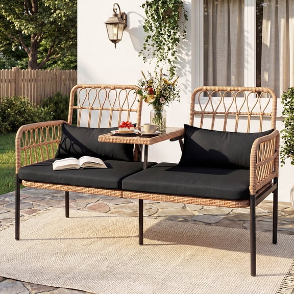 Tappio Outdoor Rattan Loveseat, Patio Rattan Conversation Set Seat Sofa Cushioned Loveseat Table Chairs with Built-in Coffee Table, Black
