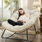 Tappio Outdoor Rocking Egg Chair, Indoor Papasan Chair Rattan Patio Wicker Lounge with Thick Cushion for Bedroom Living Room Garden Porch Backyard, Beige